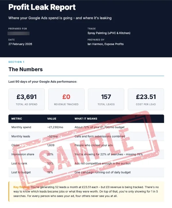 Example Profit Leak Report showing ad spend, revenue tracking, leads and key findings